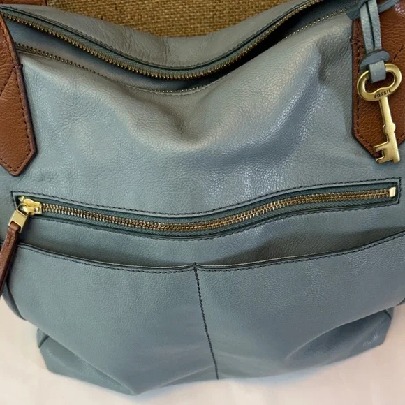 Fossil Fiona Blue Leather Shoulder Tote with Brown Handles - Picture 9 of 10